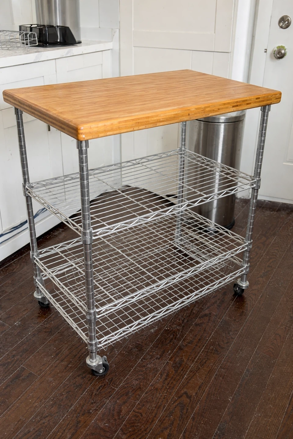 Kitchen Cart with Butcher Block Top and 3 Wire Shelves