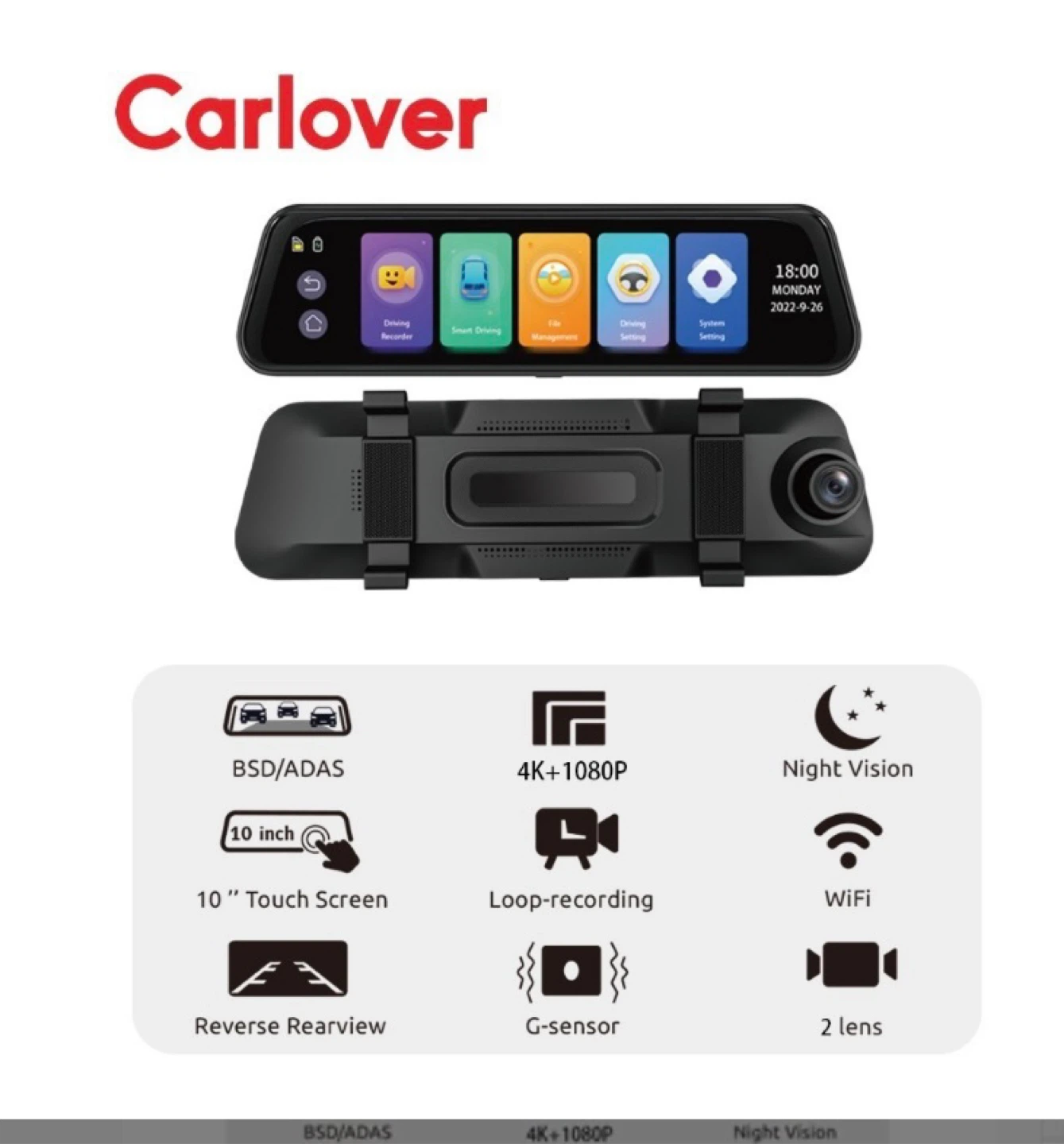 Carlover N8PRO-WIFI Dash Cam Mirror with 10" Touch Screen