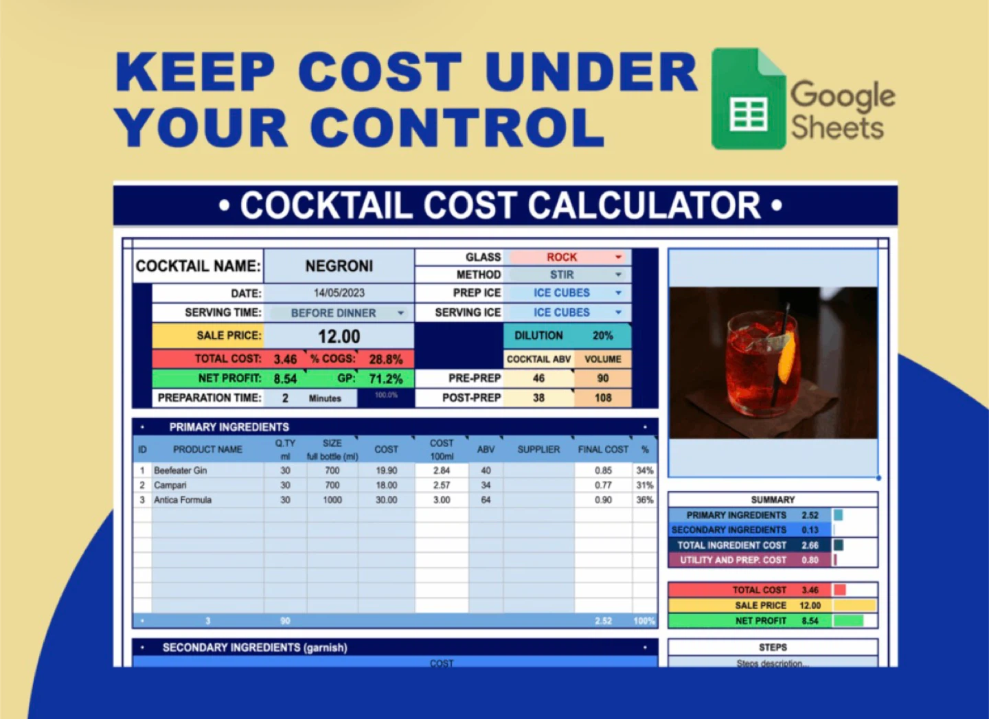 Google Sheets Cocktail Cost Calculator Template