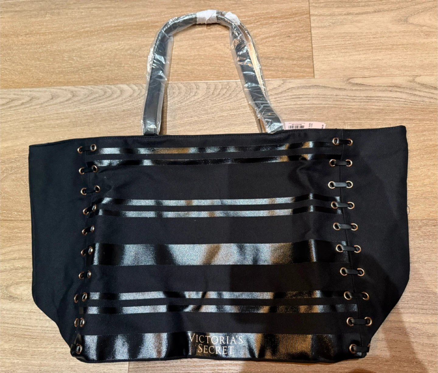 Brand new Victoria's Secret Black Tote Bag with Metallic Stripes