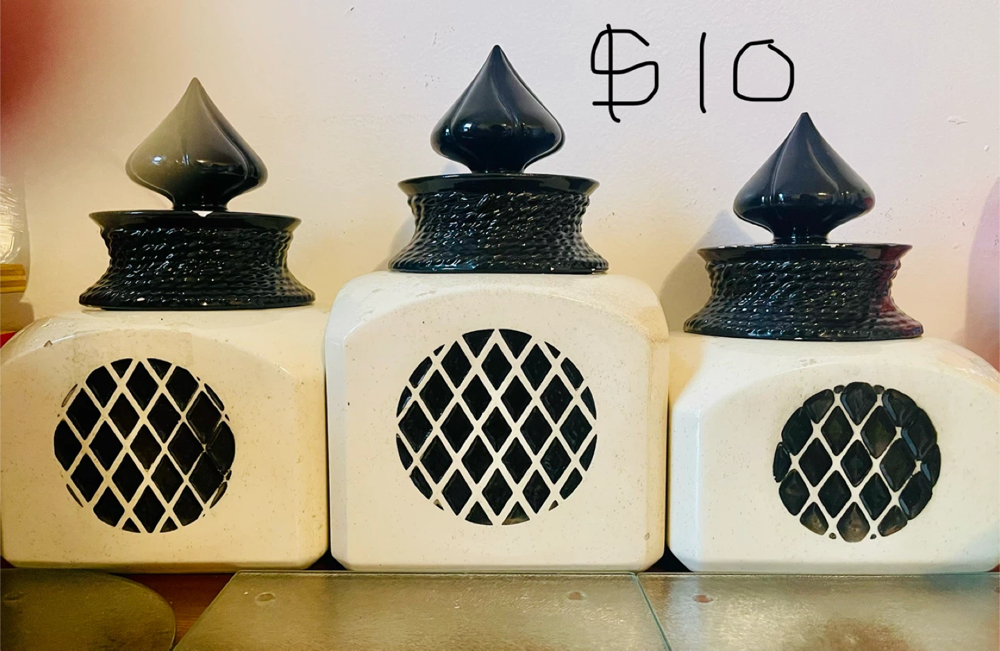 Set of 3 Vintage Kitchen Canisters with Black Lids