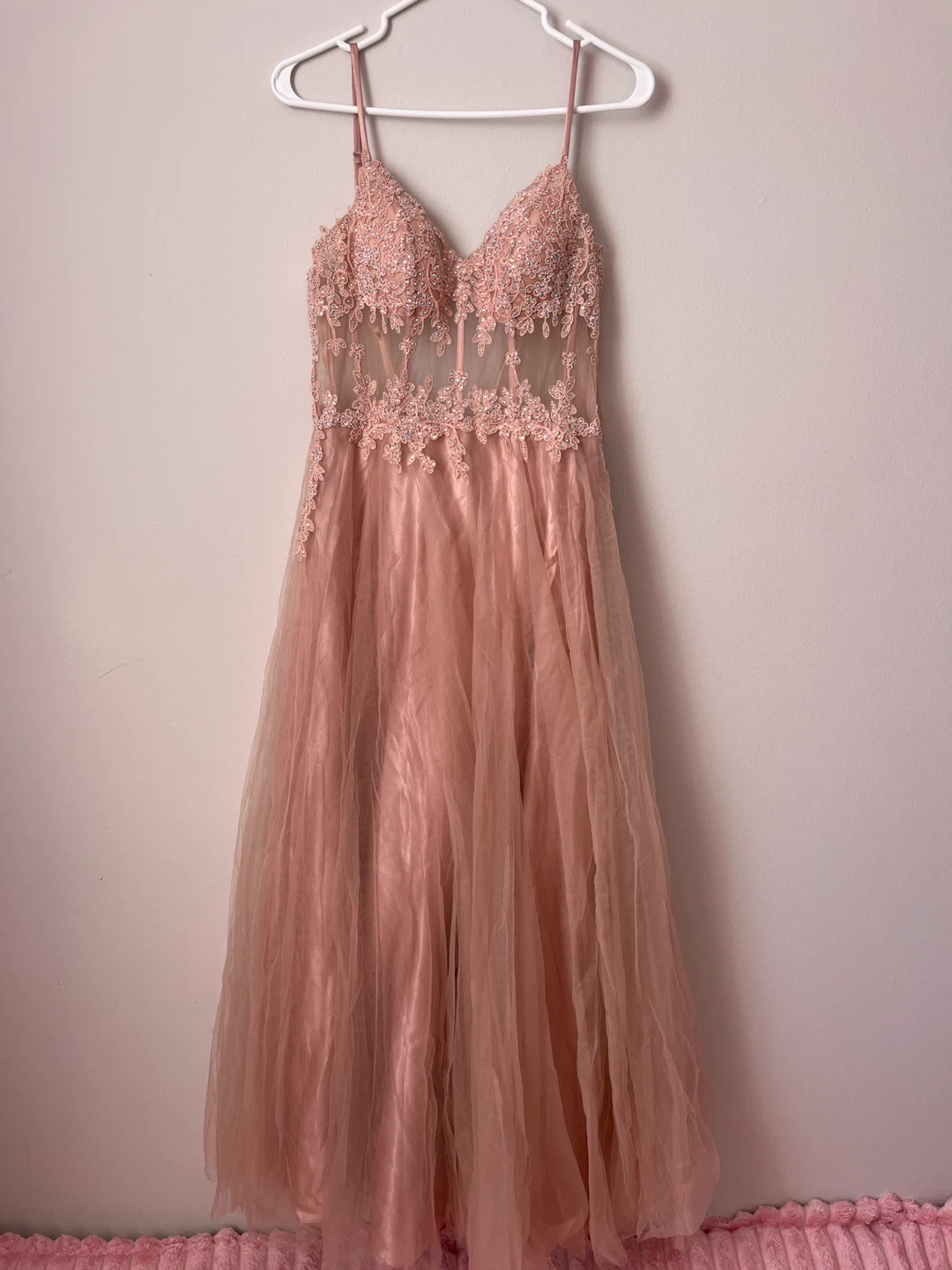 Laura Petites Pink Beaded Tulle Gown - Size 8