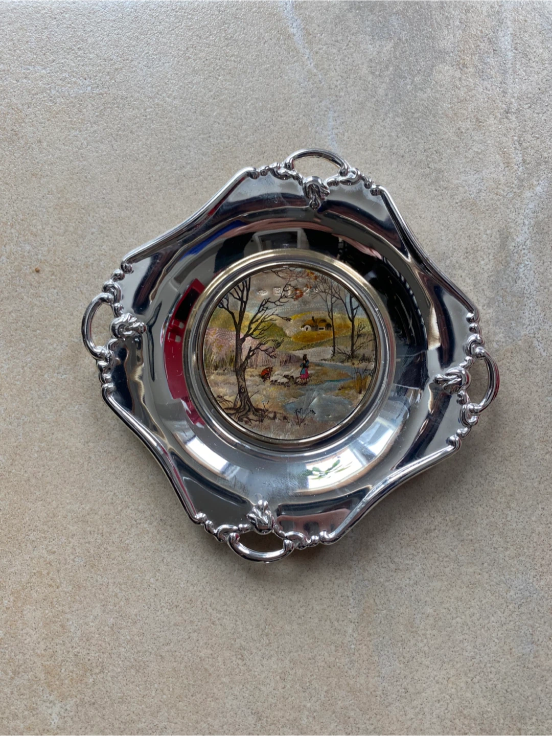 Decorative Silver Plate with Winter Scene