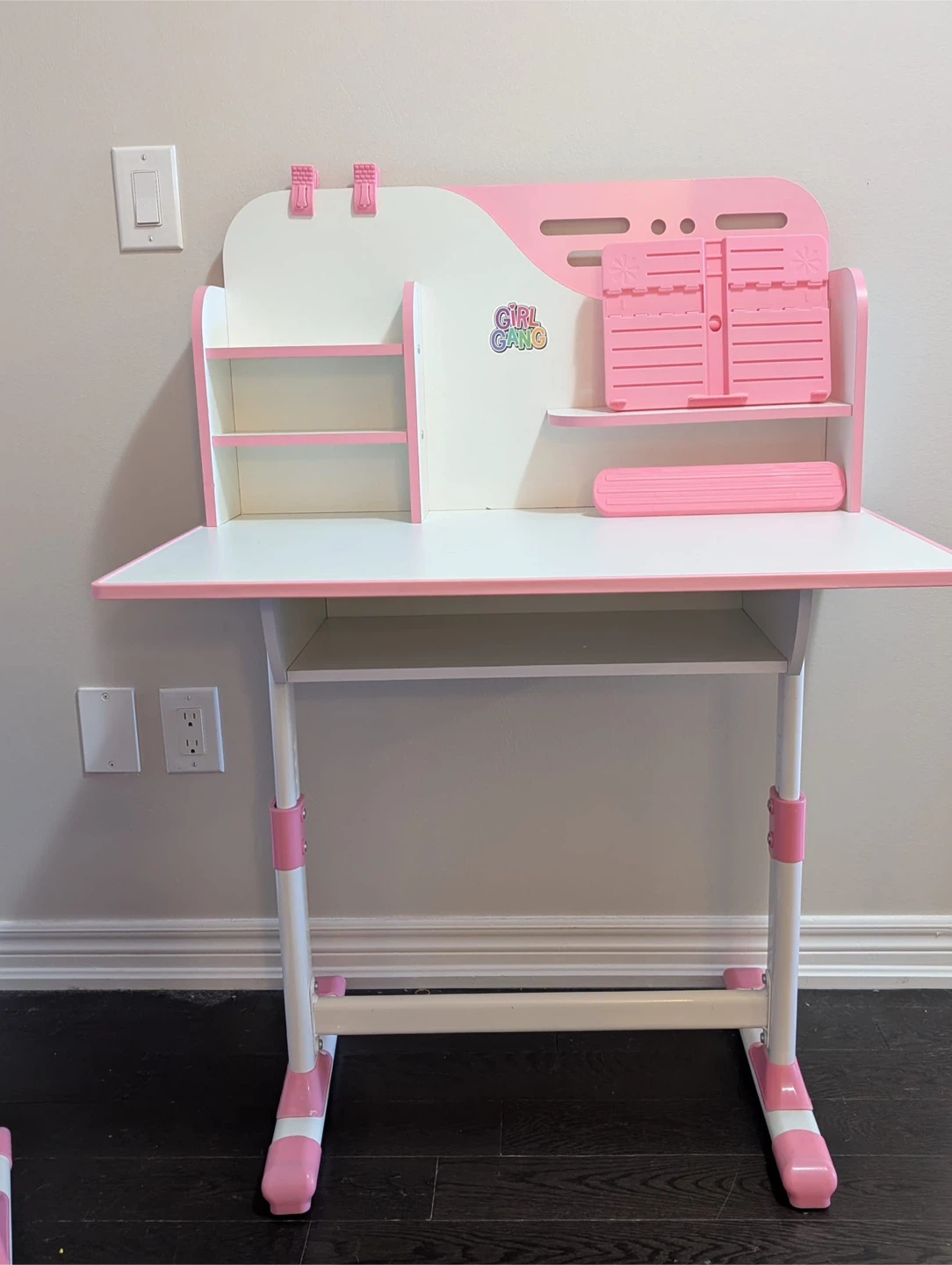Kids Pink Height Adjustable Desk and Chair Set with Shelves - photo 2