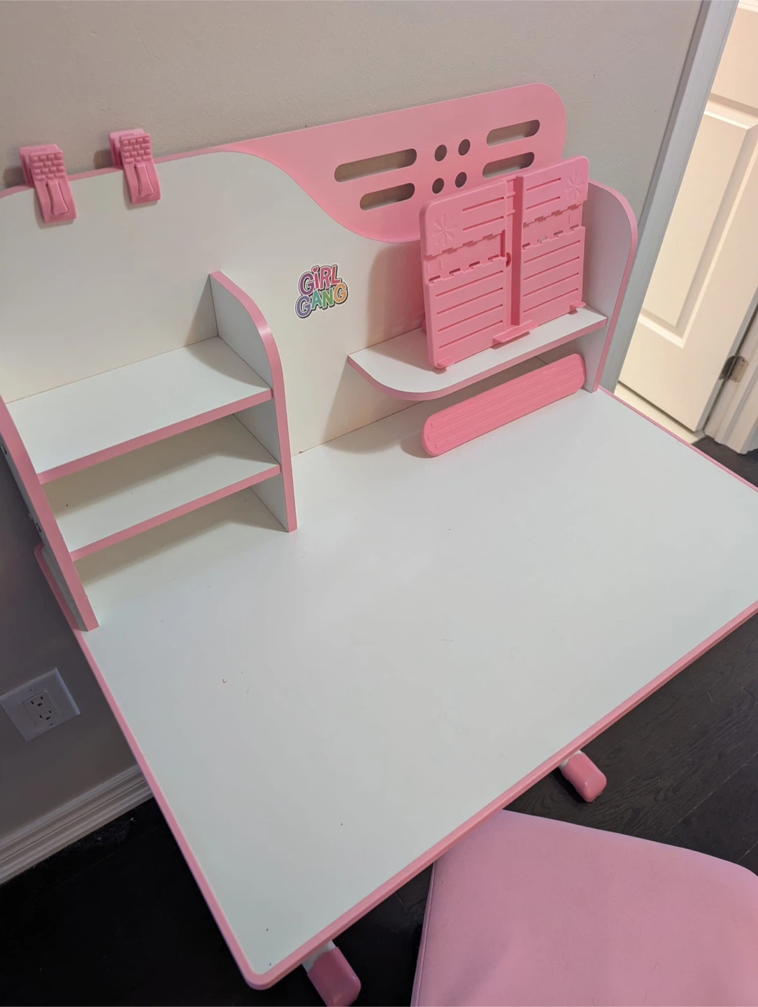 Kids Pink Height Adjustable Desk and Chair Set with Shelves - photo 4