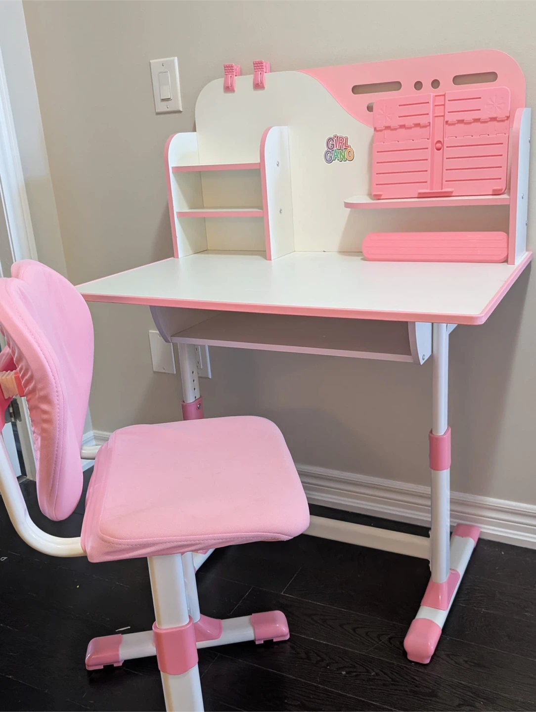 Kids Pink Height Adjustable Desk and Chair Set with Shelves