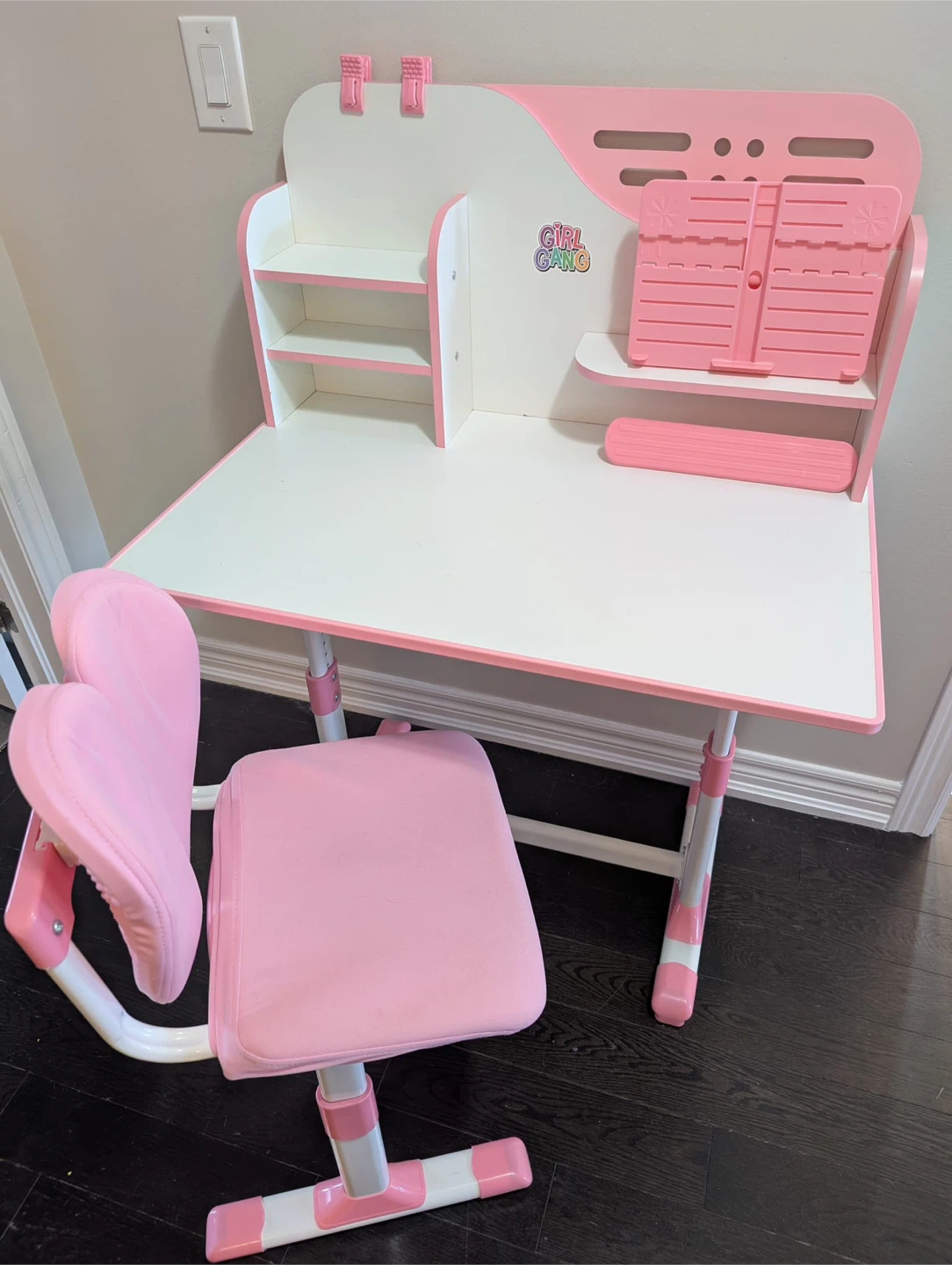 Kids Pink Height Adjustable Desk and Chair Set with Shelves - photo 3