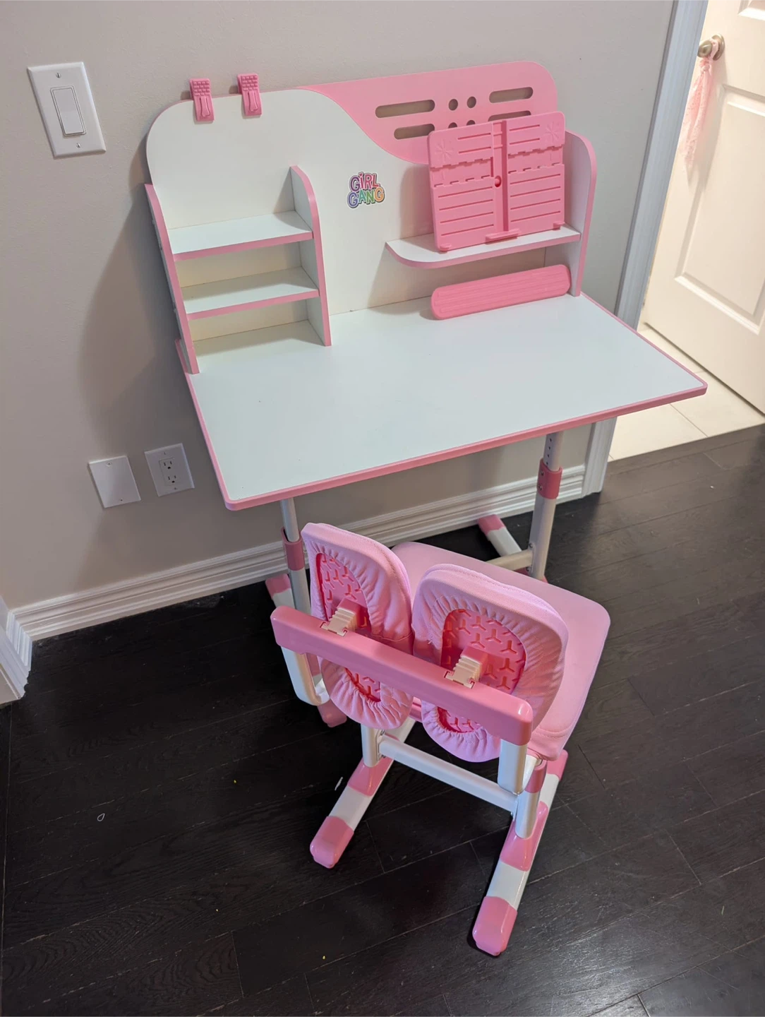 Kids Pink Height Adjustable Desk and Chair Set with Shelves - photo 5