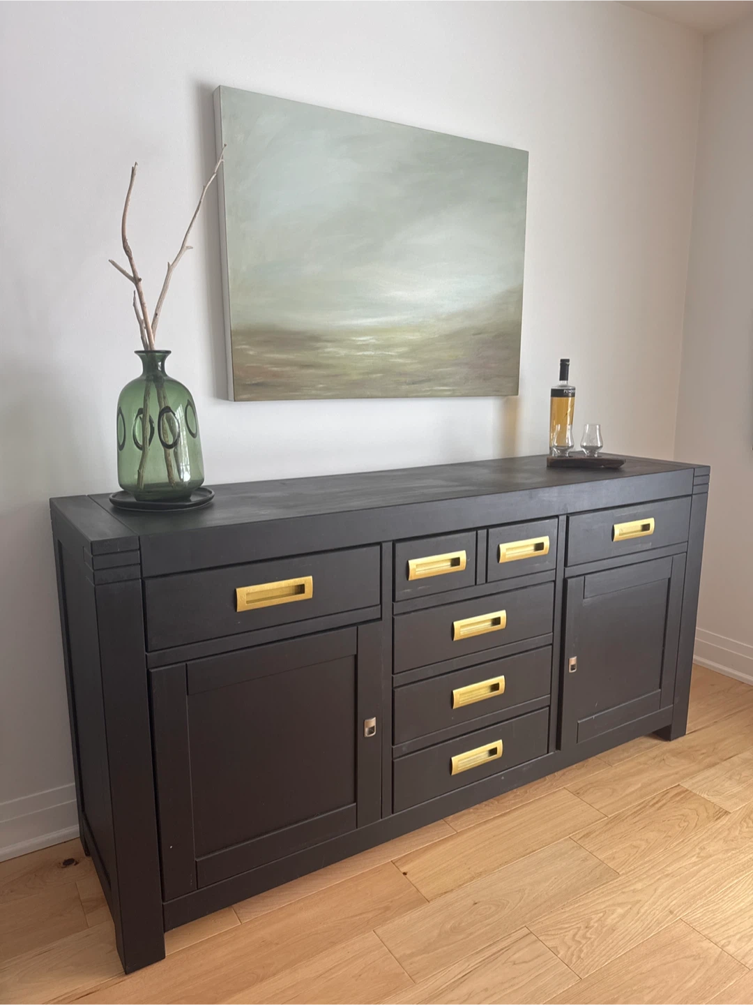 Dark Wood Sideboard with Gold Hardware