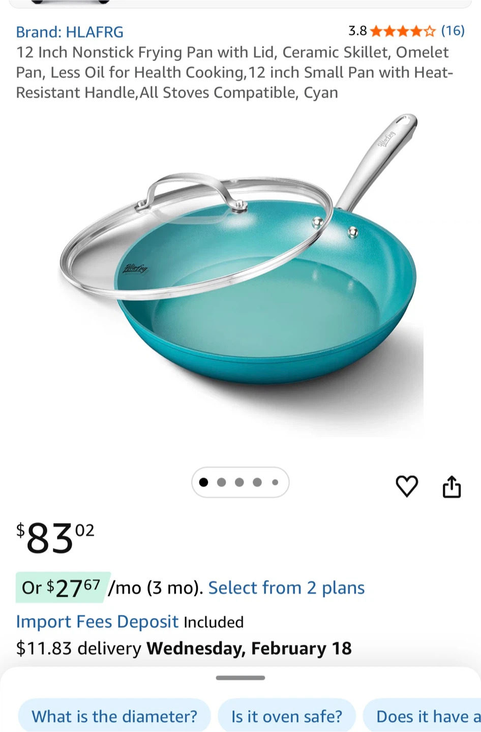 HLAFRG 12 Inch Nonstick Frying Pan with Lid - Cyan