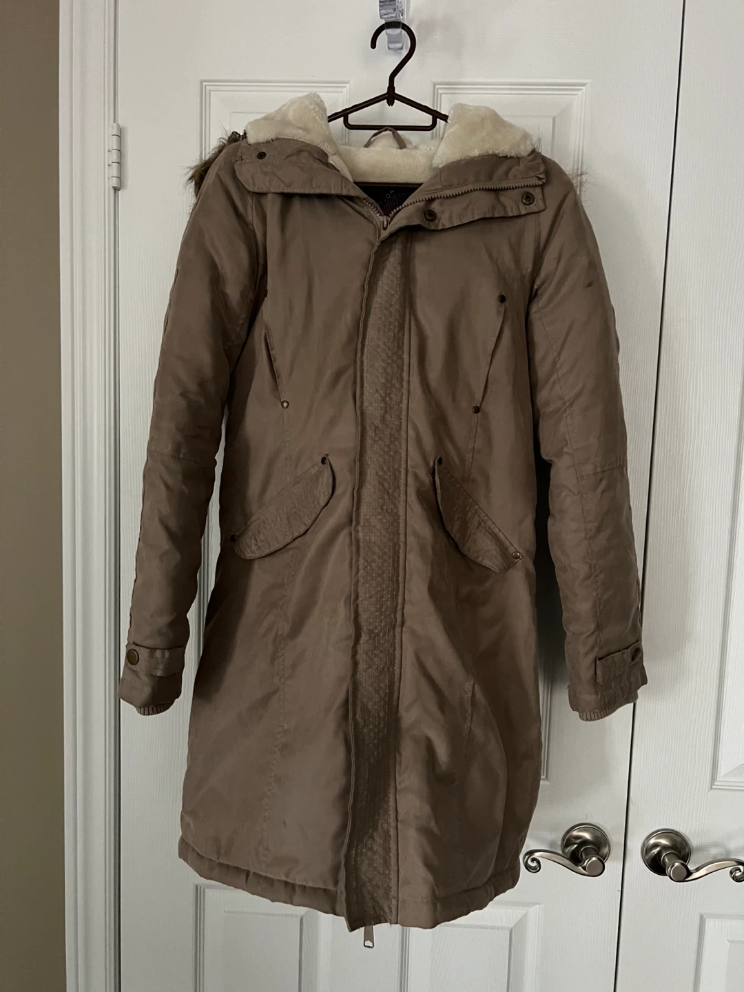 Women's Tan Parka with Faux Fur Hood