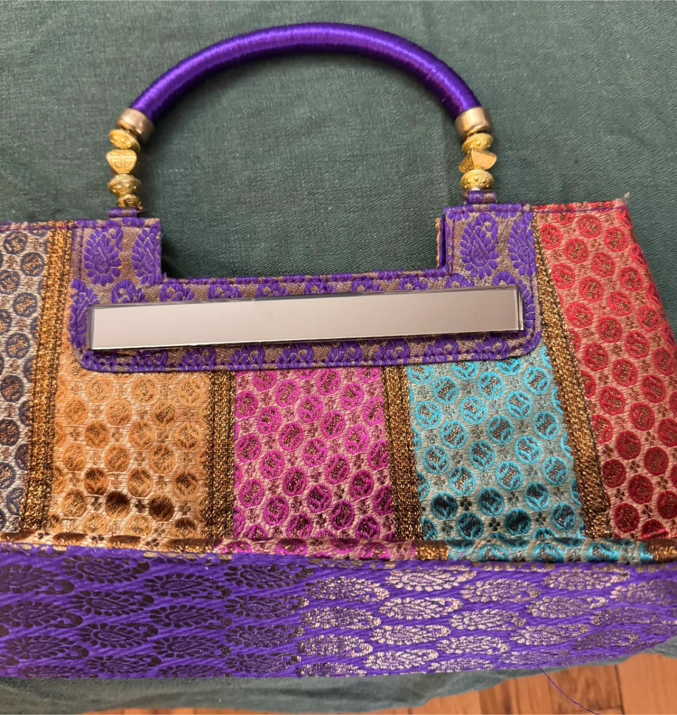 Embroidered Brocade Handbag with Purple Handle