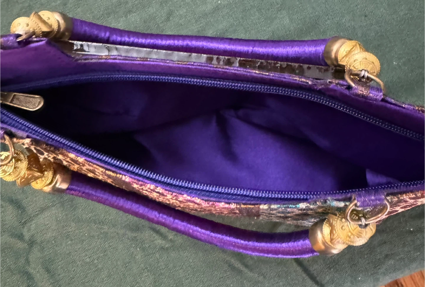 Embroidered Brocade Handbag with Purple Handle - photo 4