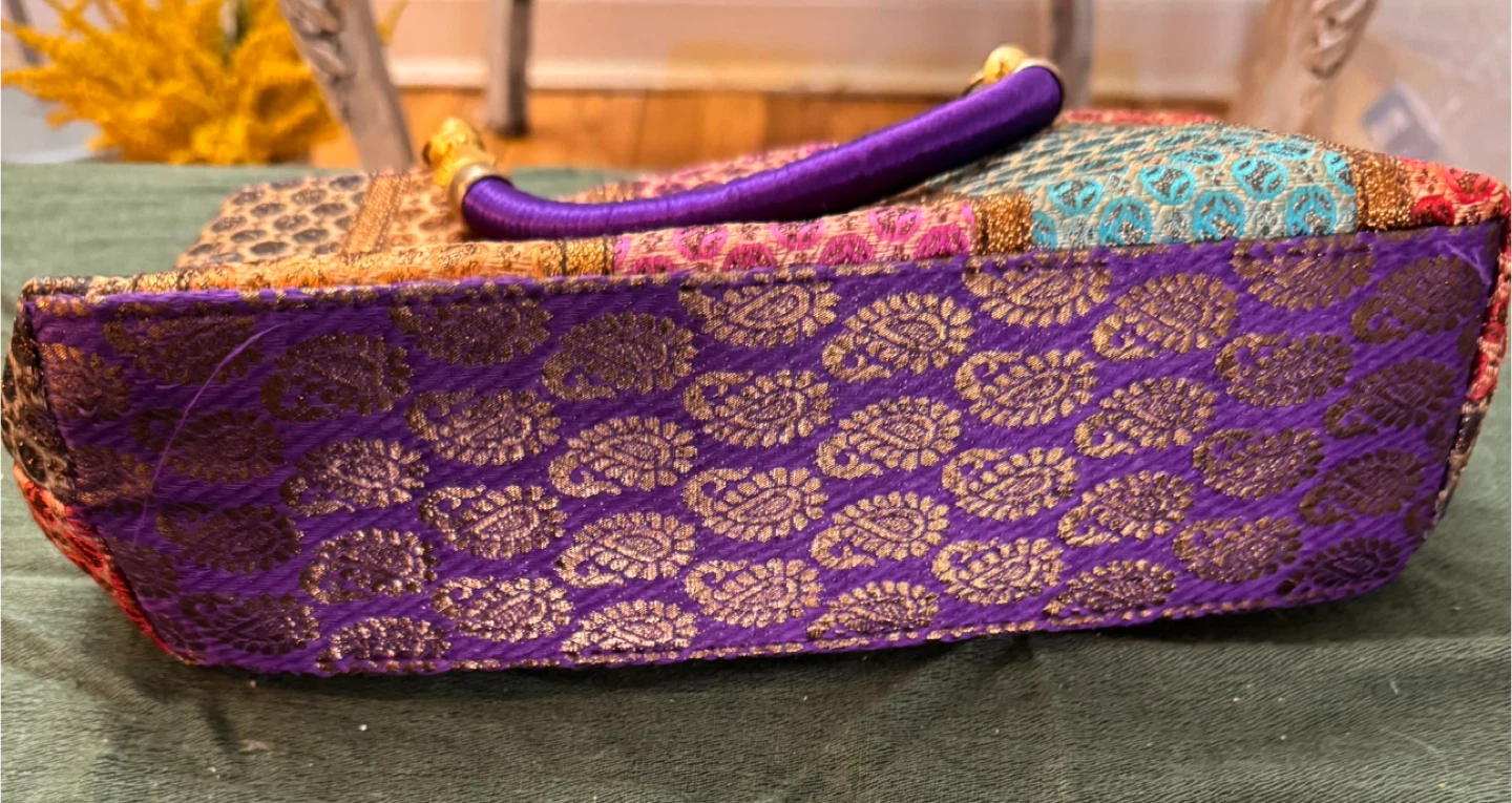 Embroidered Brocade Handbag with Purple Handle - photo 3