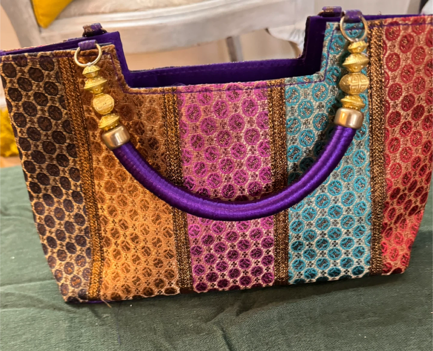Embroidered Brocade Handbag with Purple Handle - photo 2