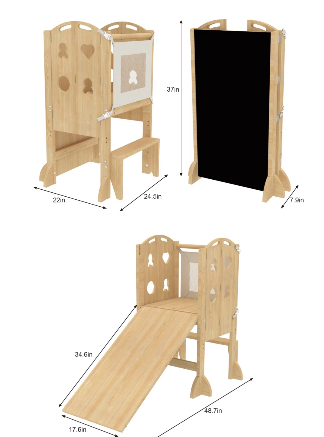 Wooden Kitchen Learning Tower with Blackboard and Slide