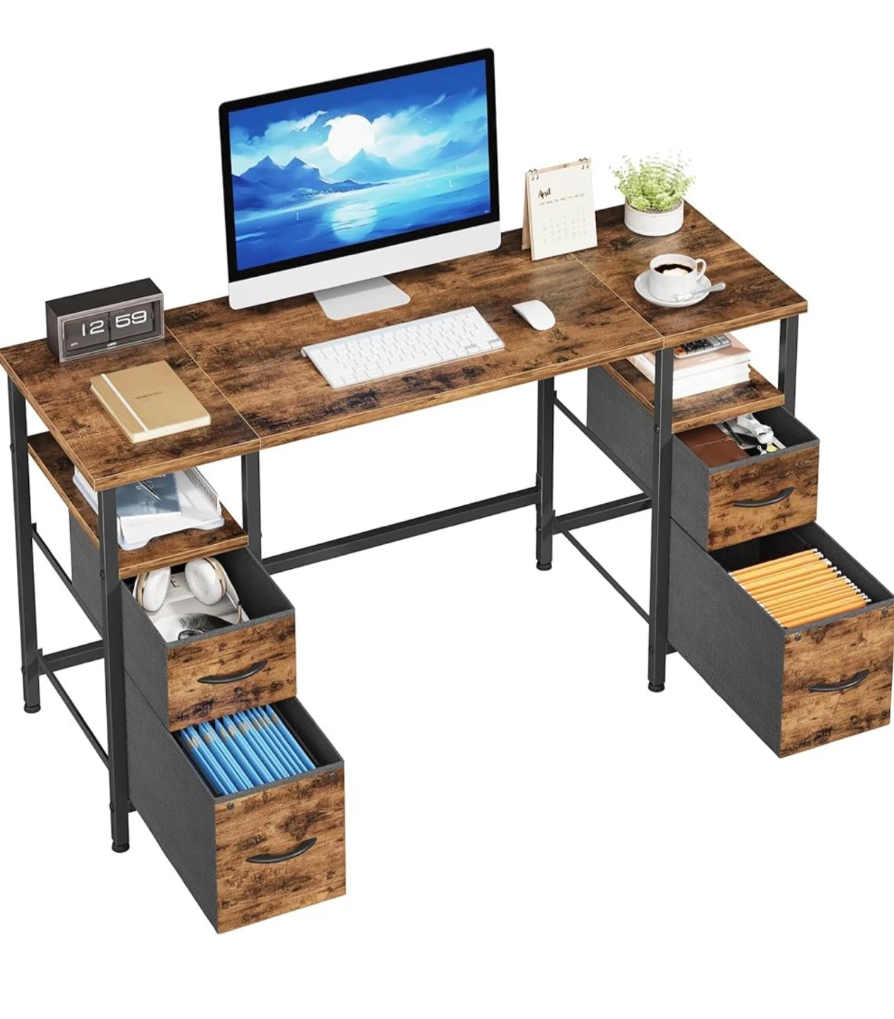 Rustic Brown Computer Desk with 4 Drawers & Shelves - photo 2