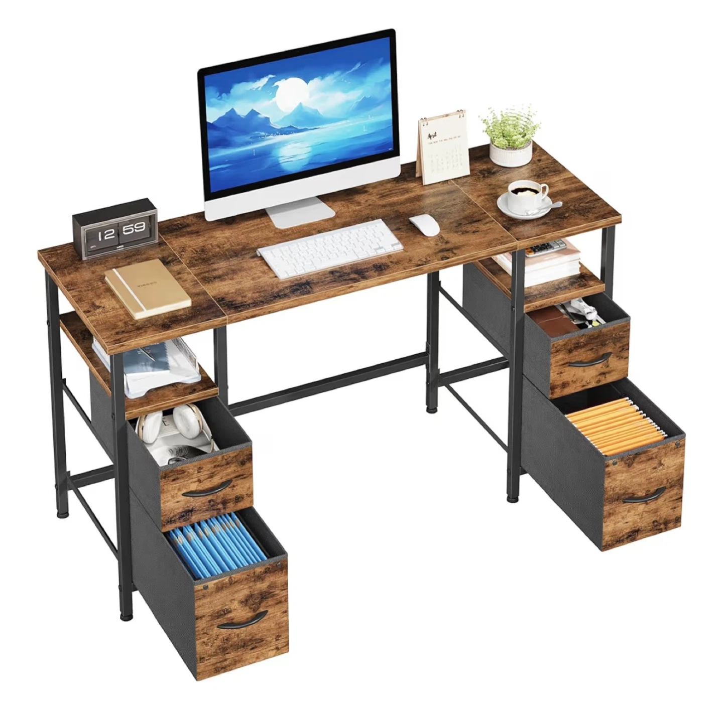 Rustic Brown Computer Desk with 4 Drawers & Shelves