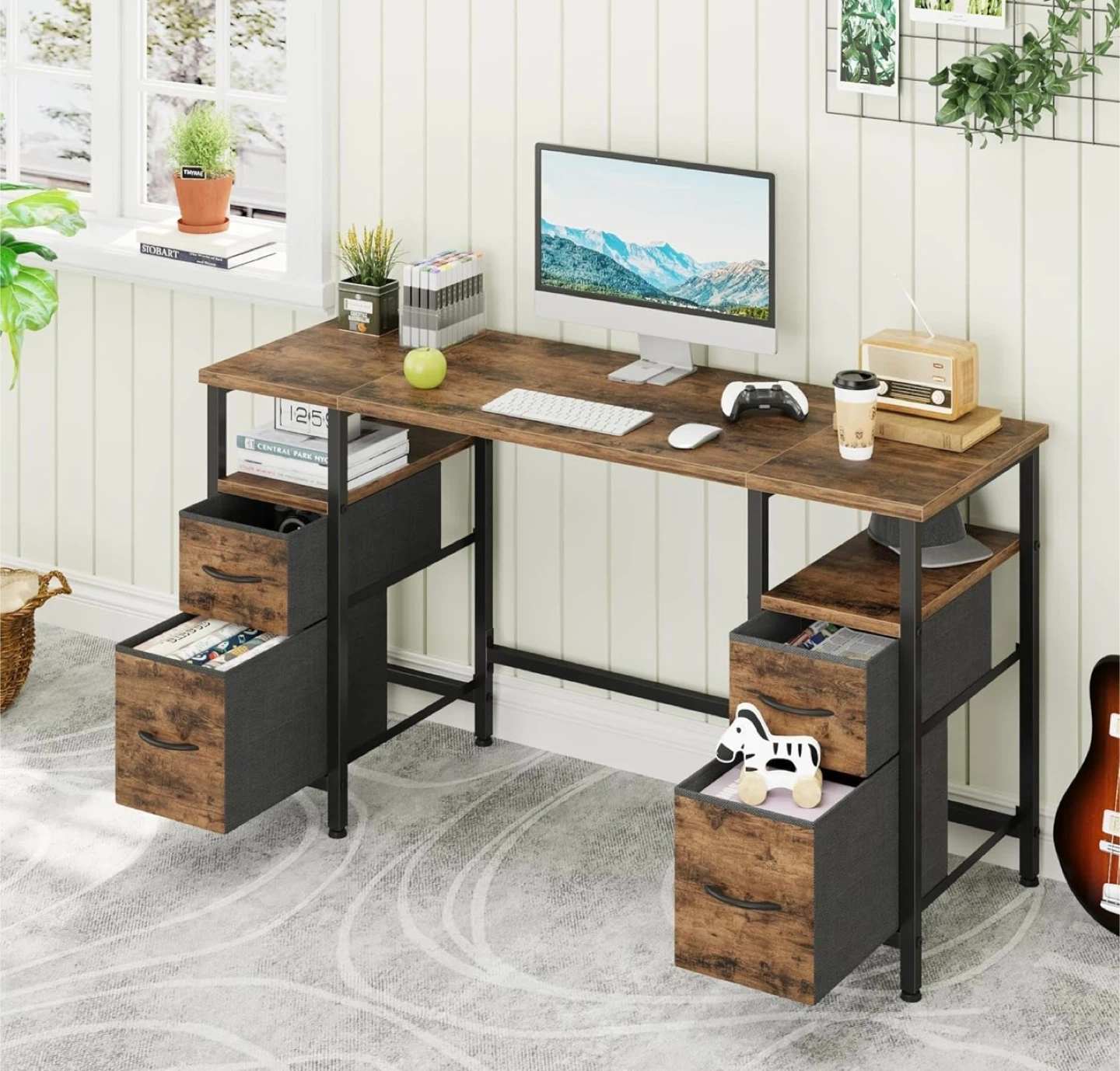 Rustic Brown Computer Desk with 4 Drawers & Shelves - photo 3