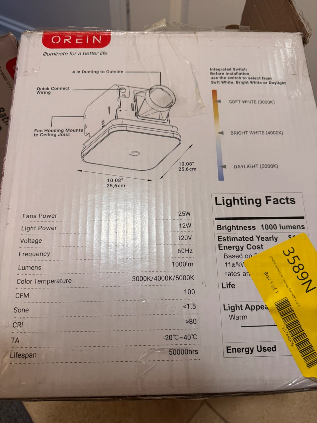 Orein 100CFM Bath Fan with 3CCT LED Light - photo 2