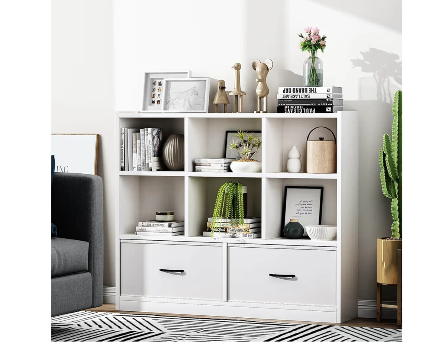 White 6-Cube Bookshelf with 2 Drawers - photo 2