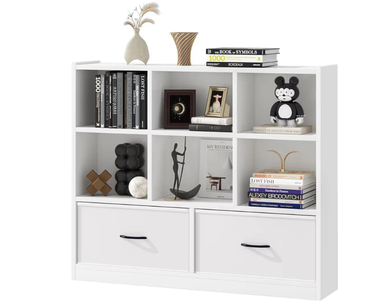 White 6-Cube Bookshelf with 2 Drawers