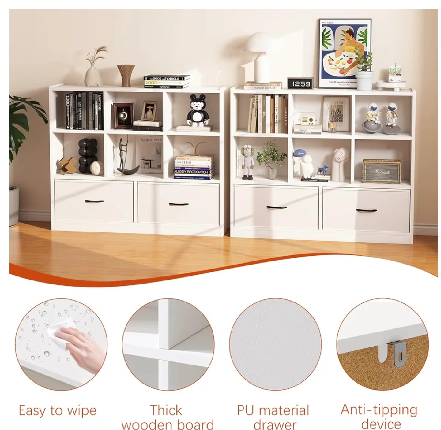 White 6-Cube Bookshelf with 2 Drawers - photo 3