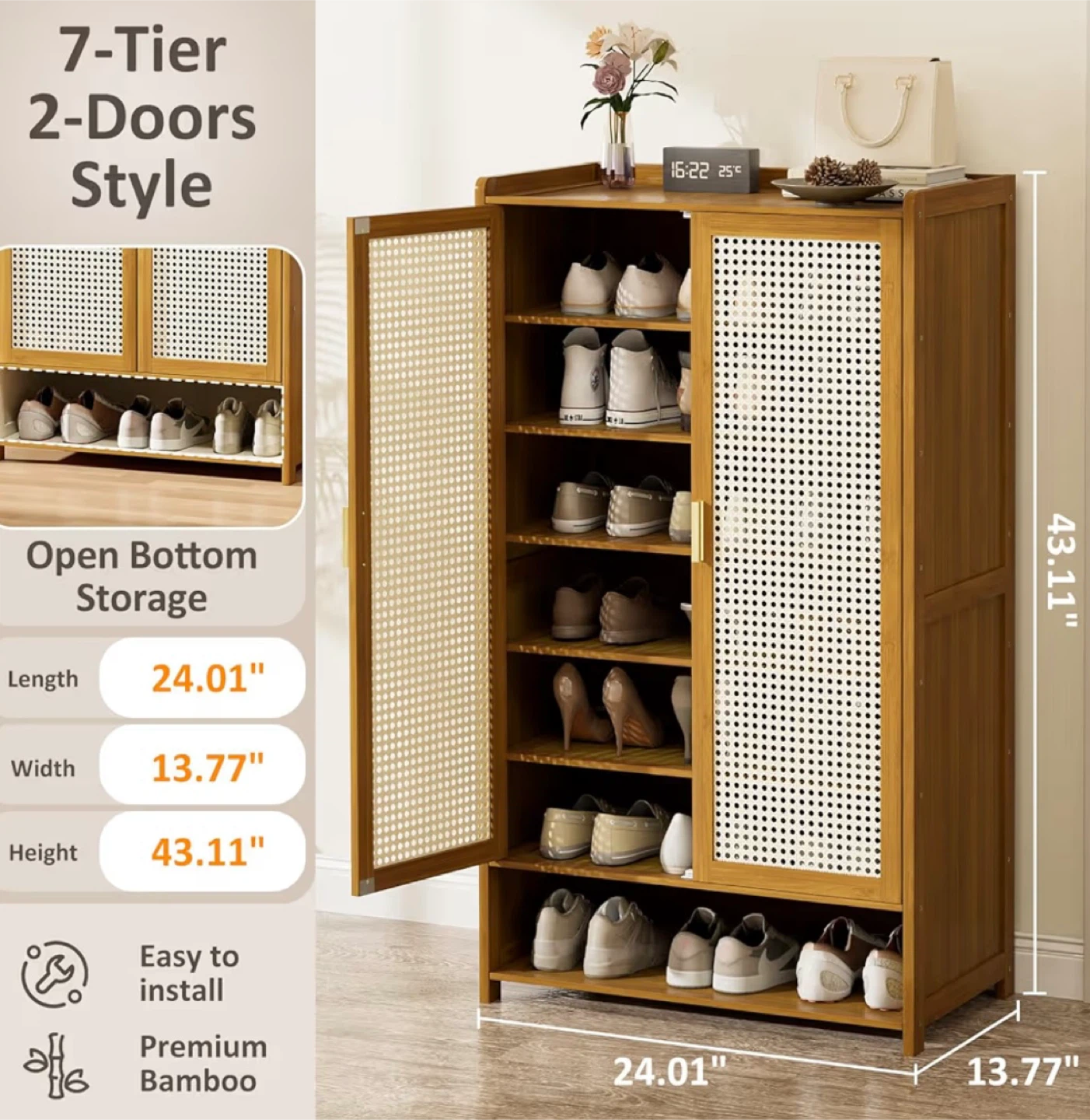 7-Tier Bamboo Shoe Cabinet with 2 Doors - photo 3