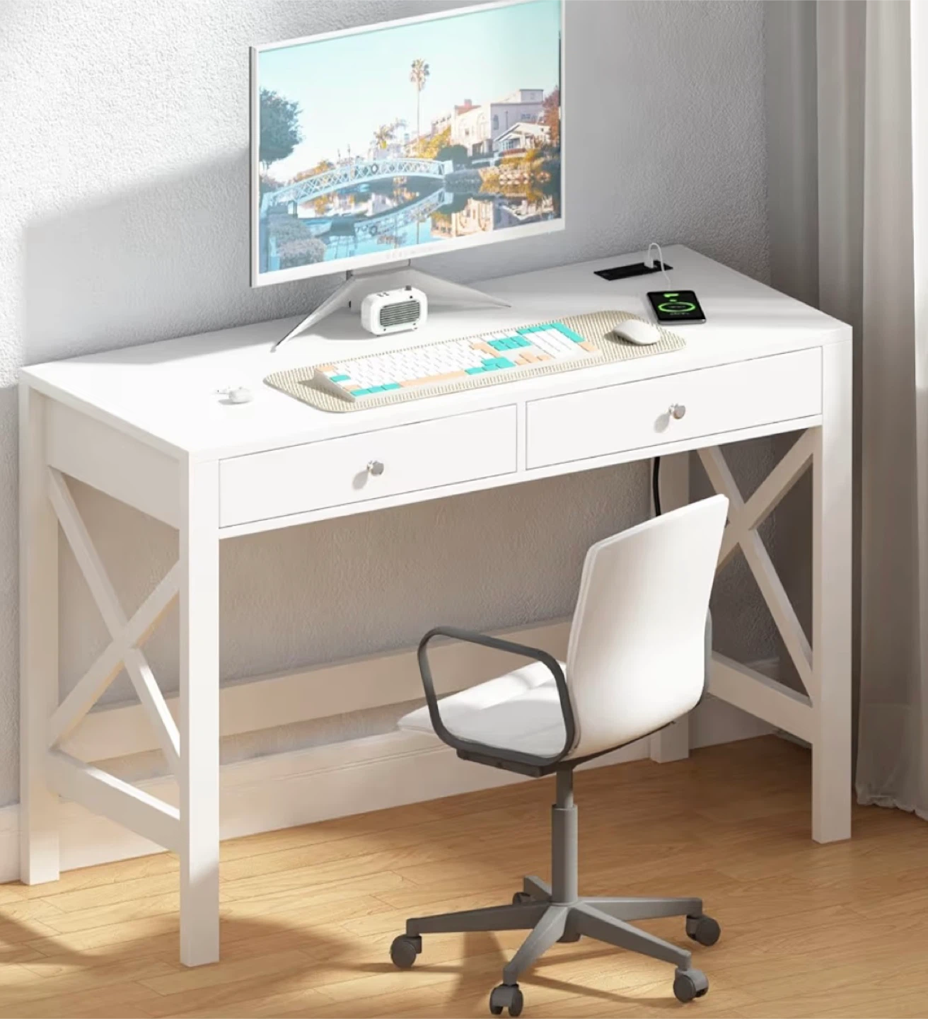 White Writing Desk with 2 Drawers and Integrated Power