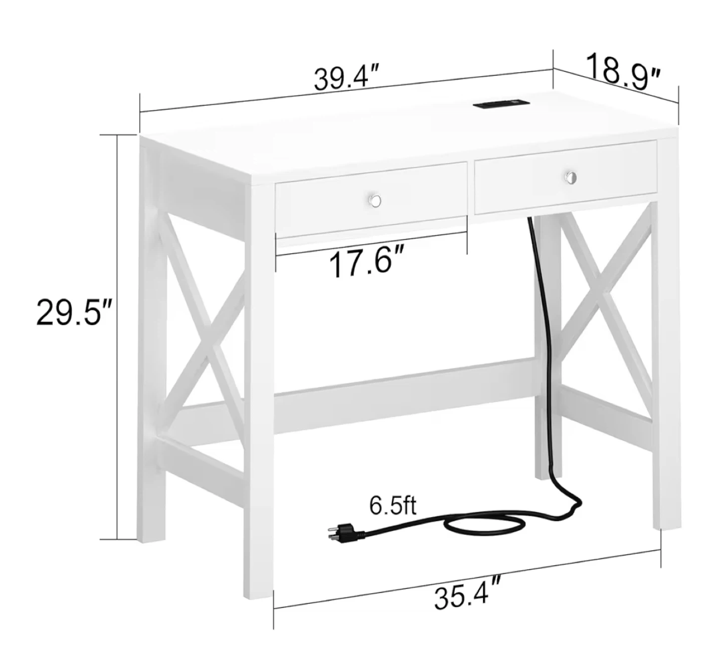 White Writing Desk with 2 Drawers and Integrated Power - photo 2