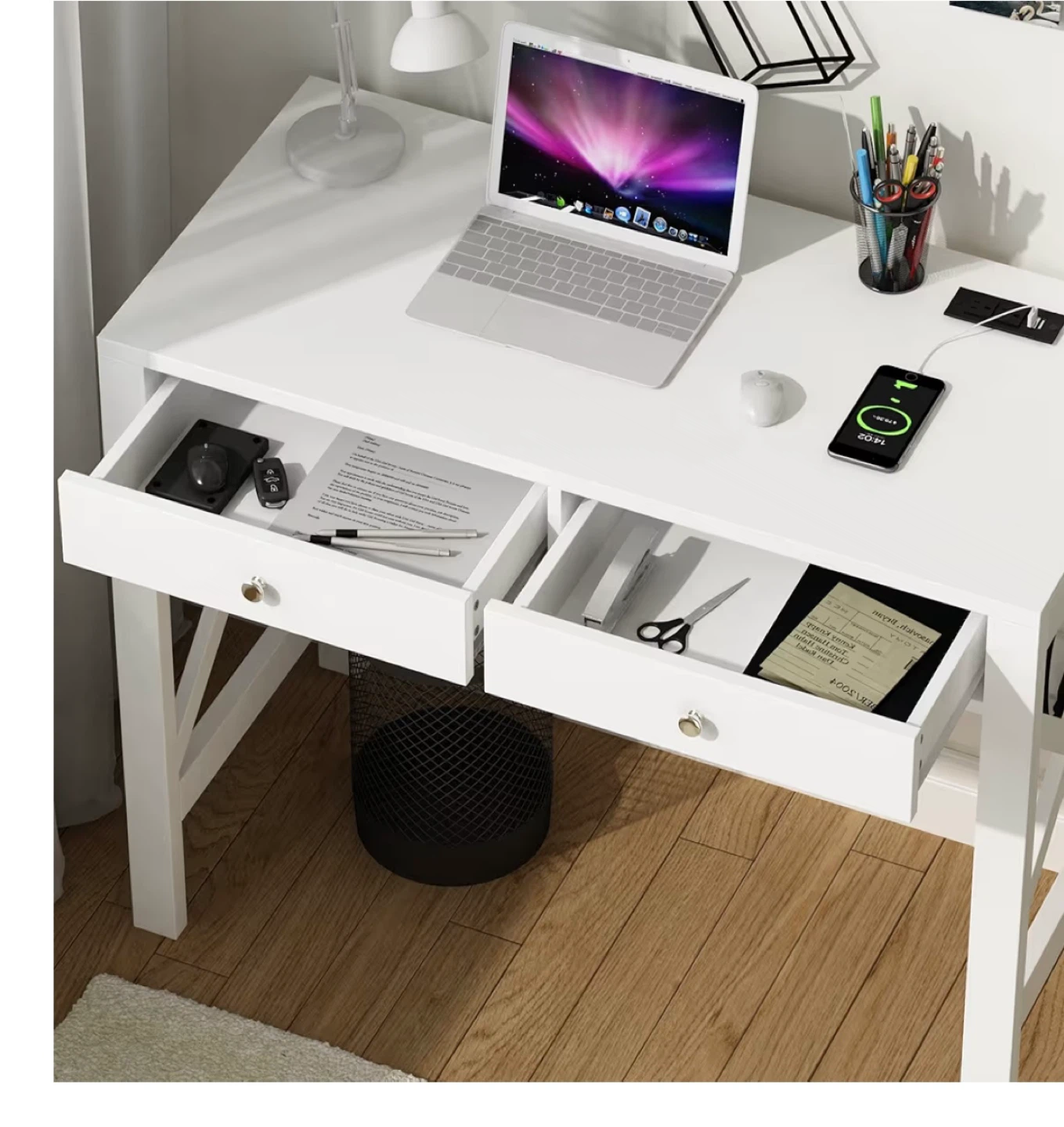 White Writing Desk with 2 Drawers and Integrated Power - photo 5