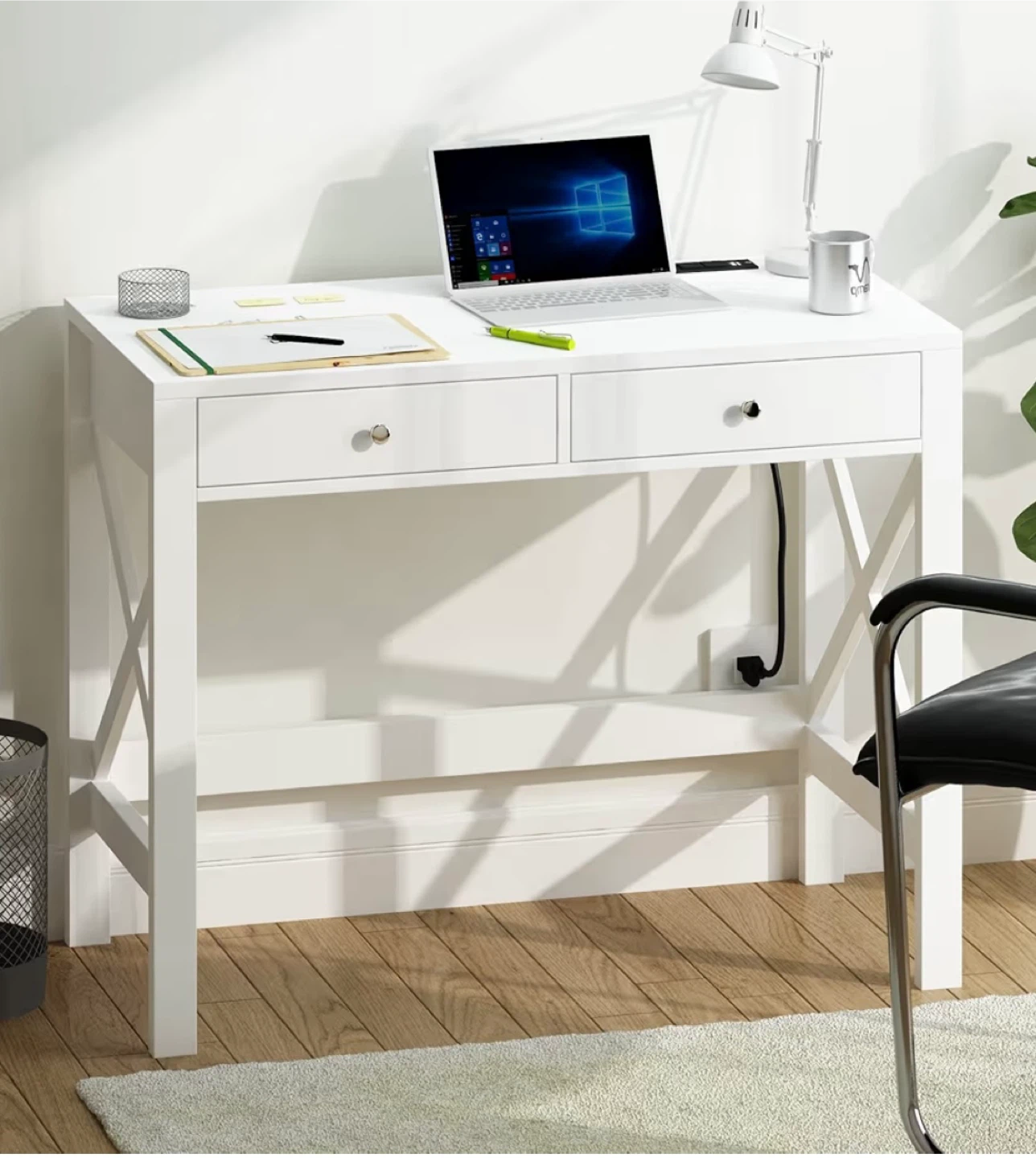 White Writing Desk with 2 Drawers and Integrated Power - photo 3