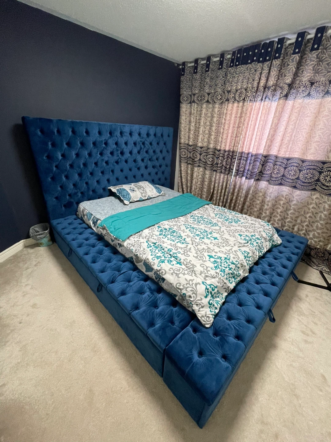 Queen Size Blue Upholstered Bed Frame w/ Built-In Storage - photo 3