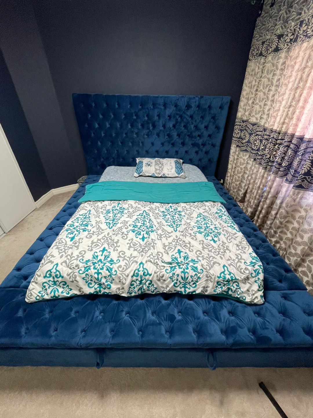 Queen Size Blue Upholstered Bed Frame w/ Built-In Storage