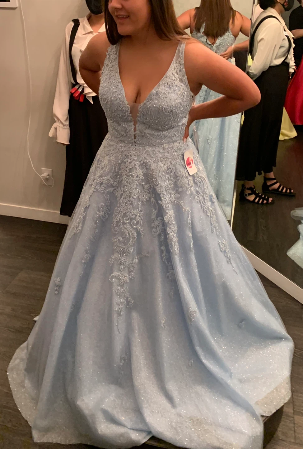 Light Blue Sequin Prom Dress with Lace Appliqués