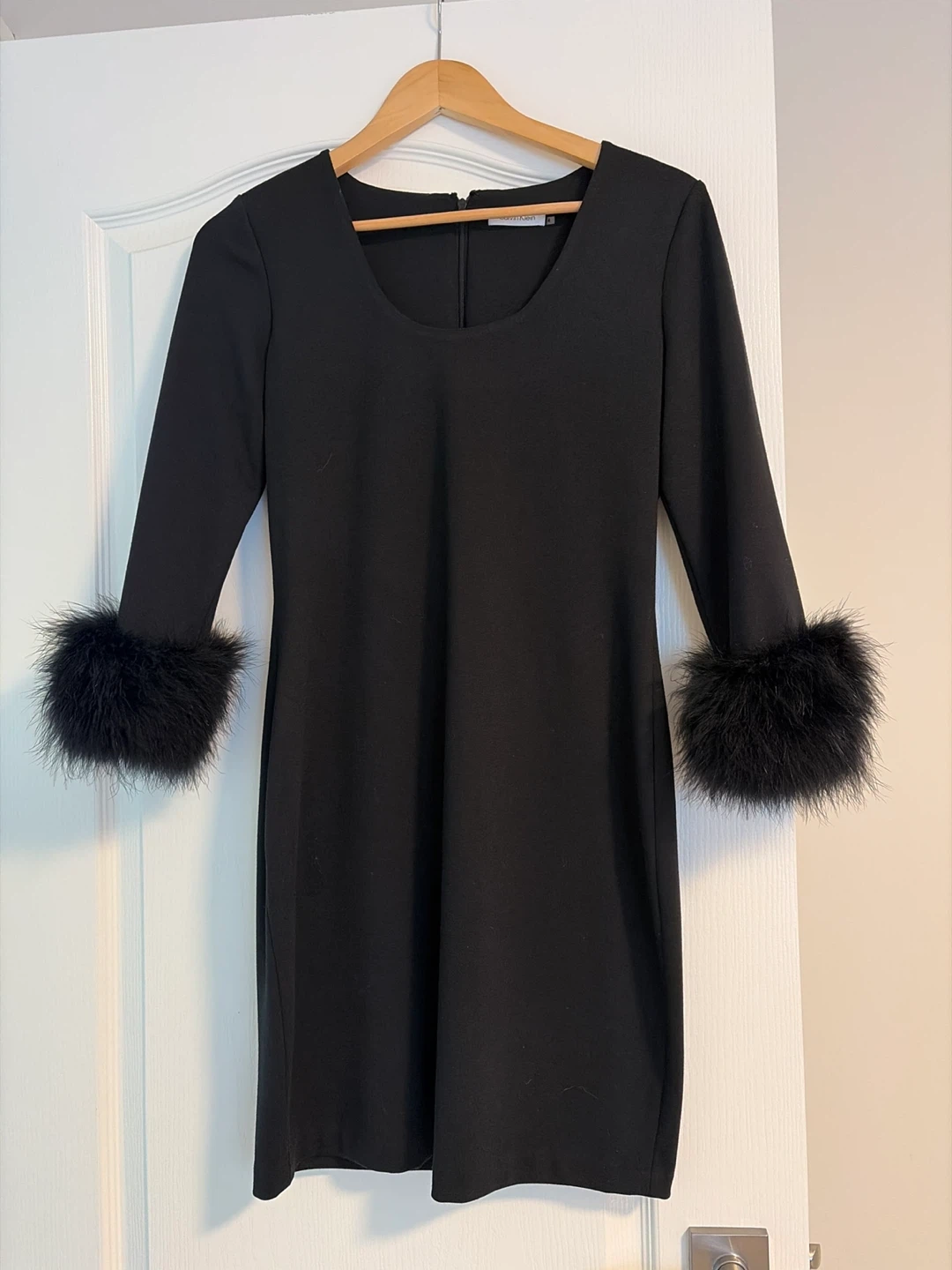 Calvin Klein Black Dress with Feather Cuffs - Size 4