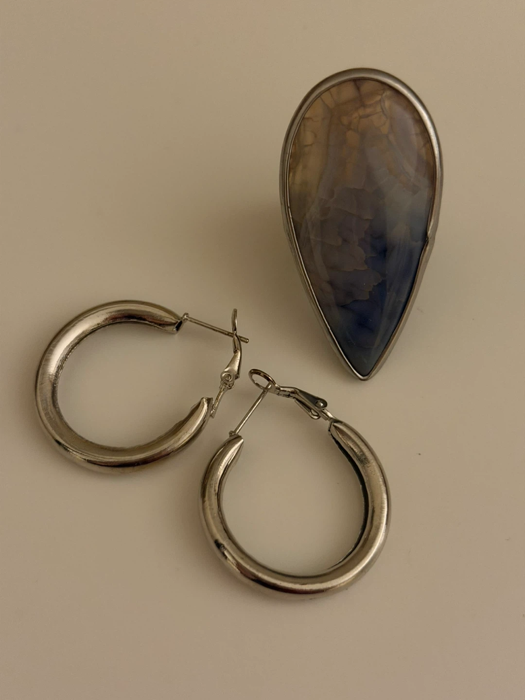 Silver Hoop Earrings and Stone Ring Set