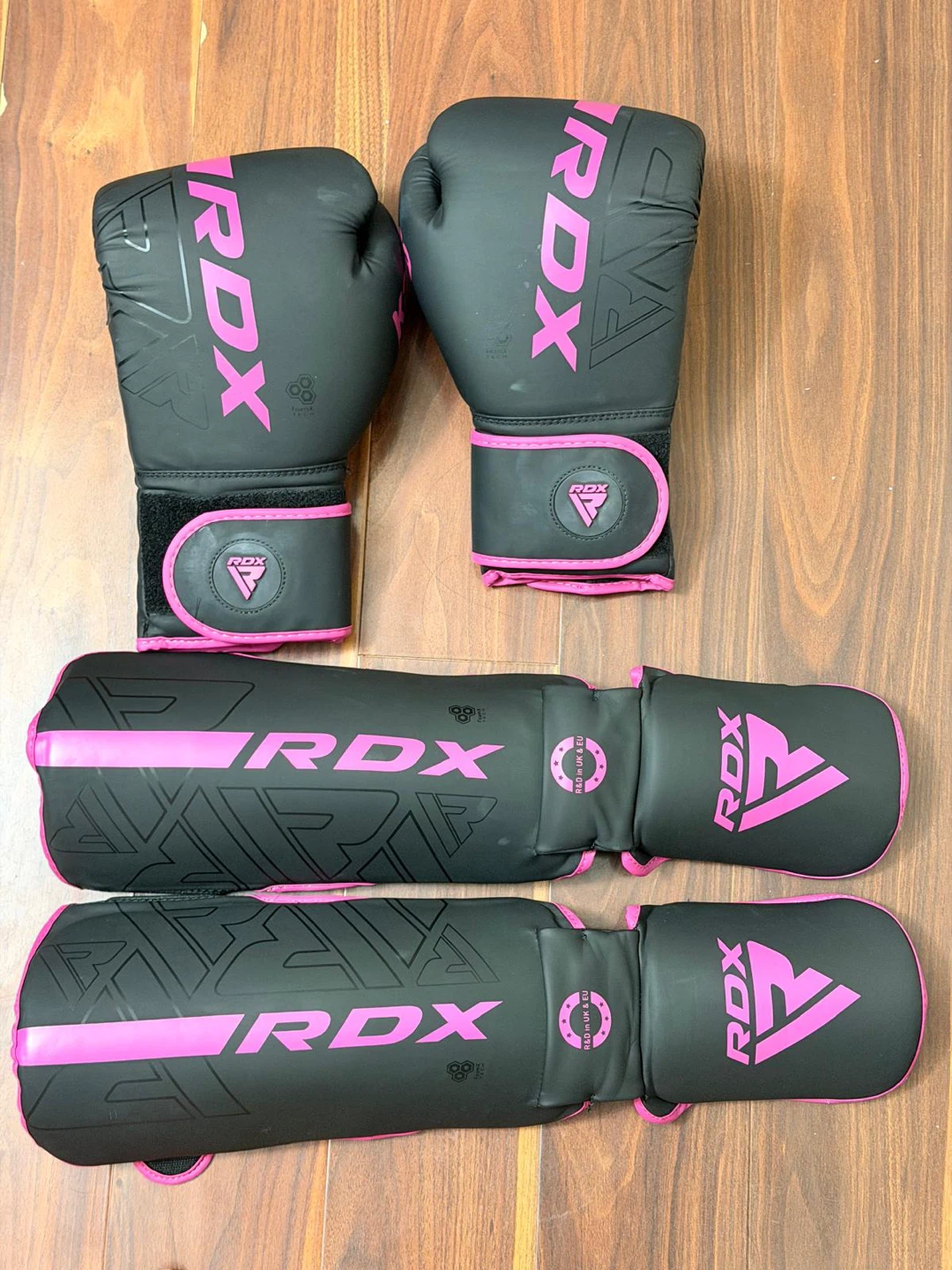 RDX Boxing Gloves and Shin Guards Set - Black/Pink