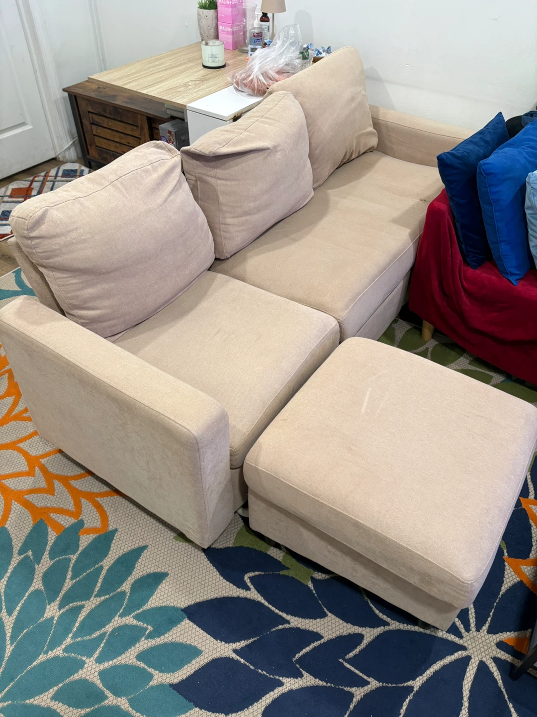 Beige 3-Seat Sofa with Ottoman