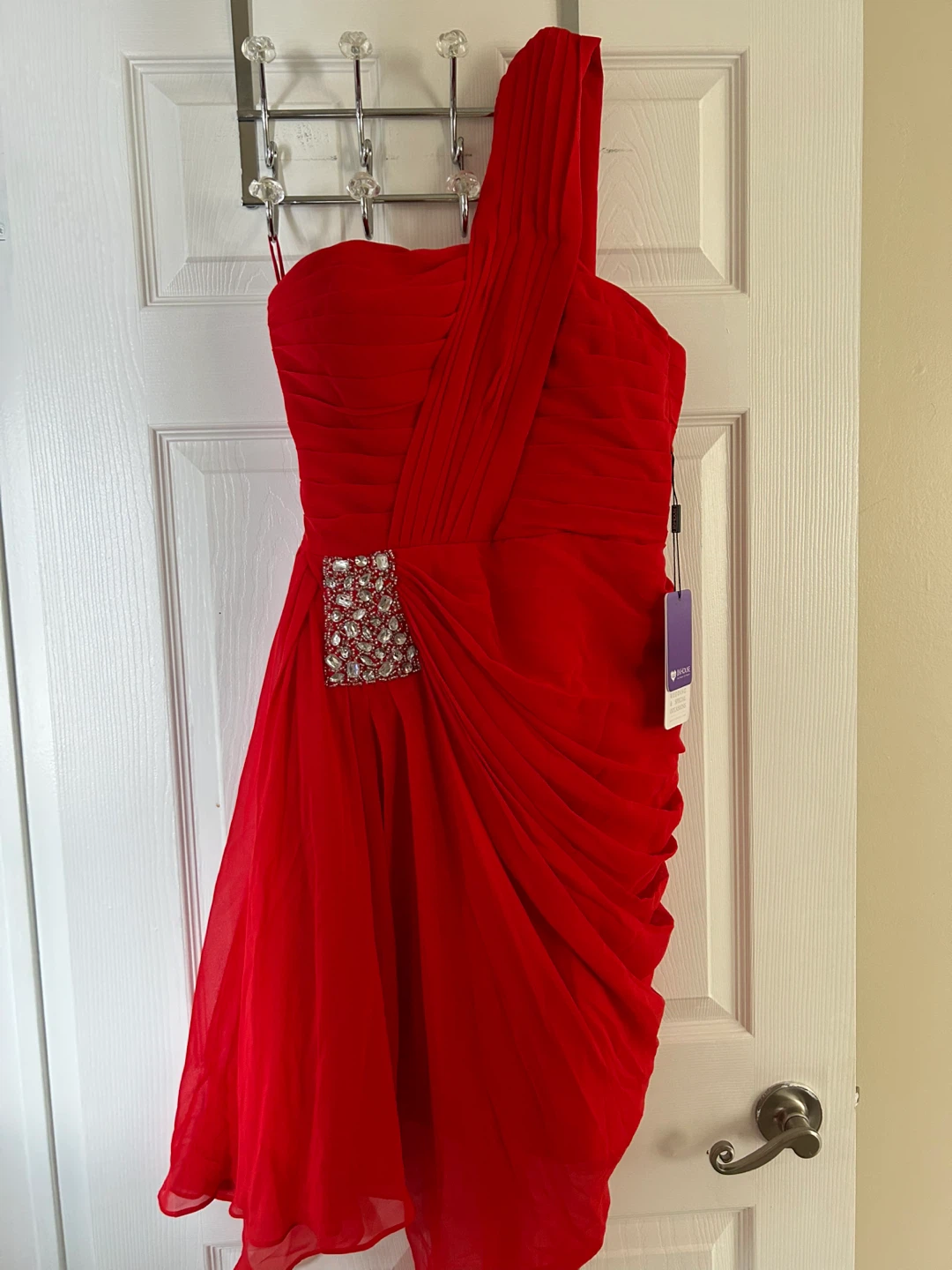 NEW- size 4 Red One-Shoulder Embellished Cocktail Dress