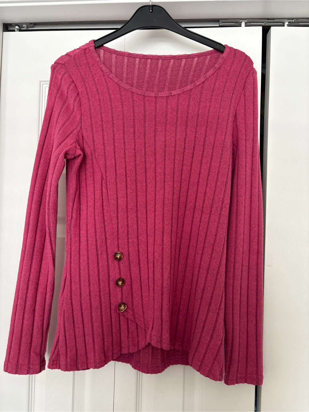 Pink Ribbed Long Sleeve Top with Button Detail