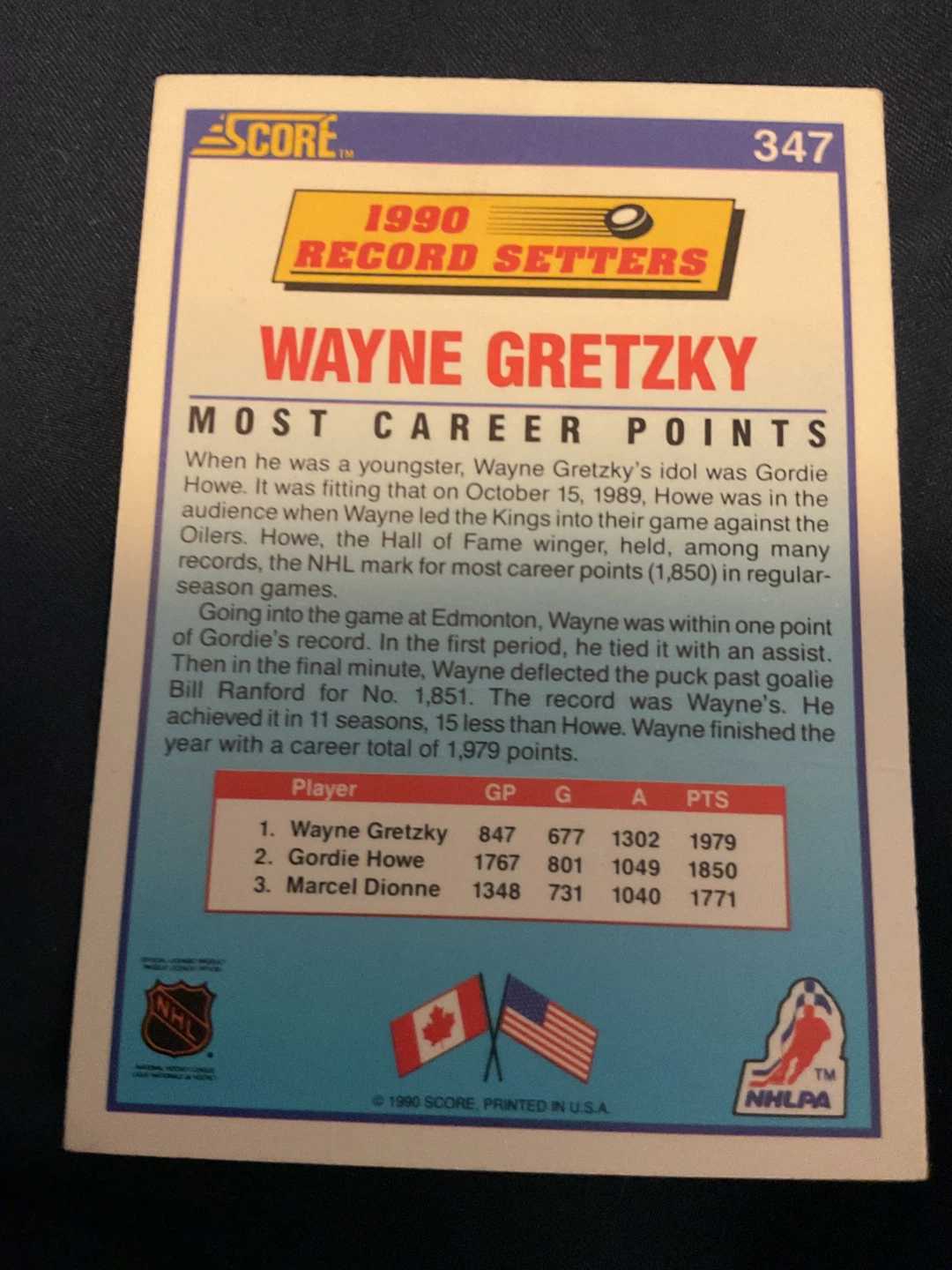 1990 Score Wayne Gretzky "Most Career Points" Hockey Card - photo 2