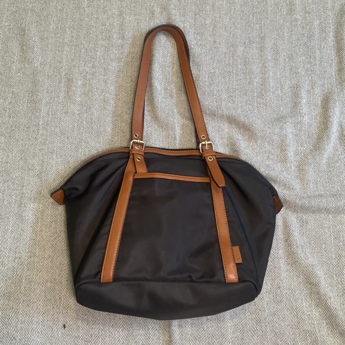 Roots Black Nylon and Tan Leather Tote Bag