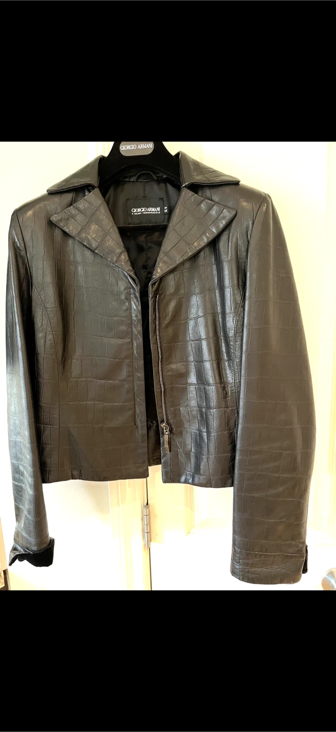 Giorgio Armani Black Leather Crocodile Embossed Jacket Size 44