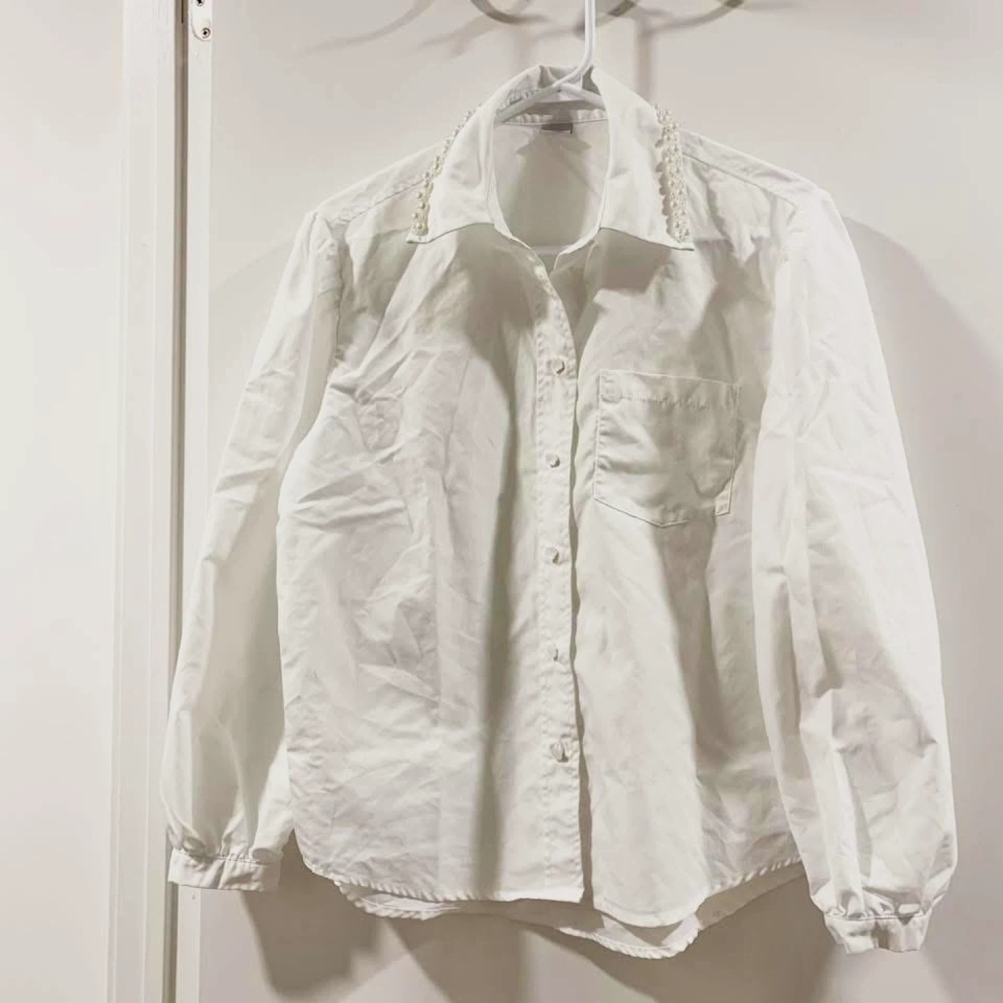 White Button-Up Shirt with Pearl Embellishments - photo 2