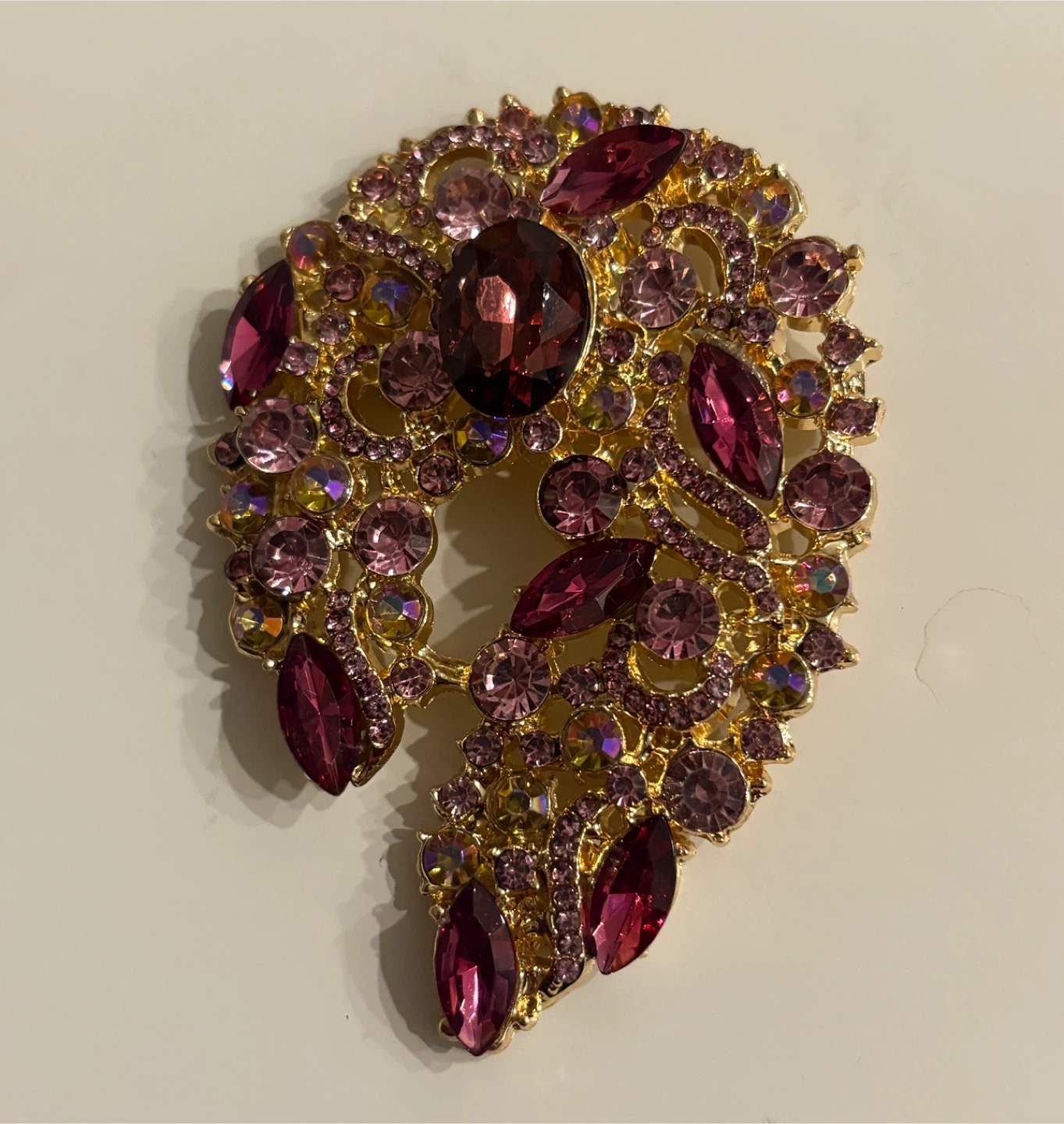 Gold-tone Brooch with Pink and Purple Crystals - photo 2