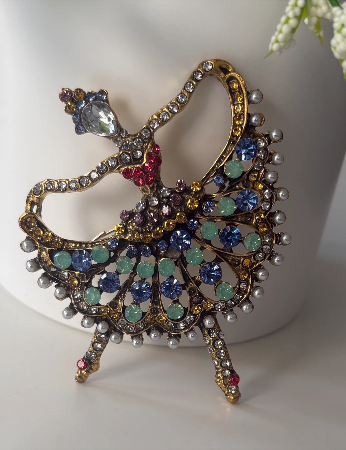 Dazzling Ballerina Brooch with Rhinestones and Pearls