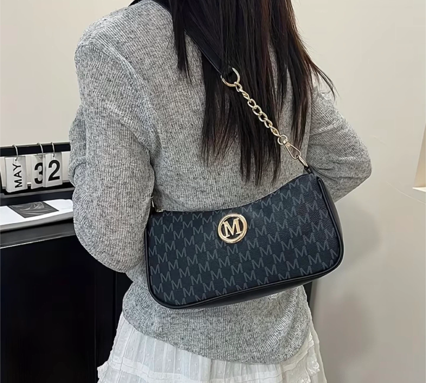 New! Black Shoulder Bag with Gold Chain