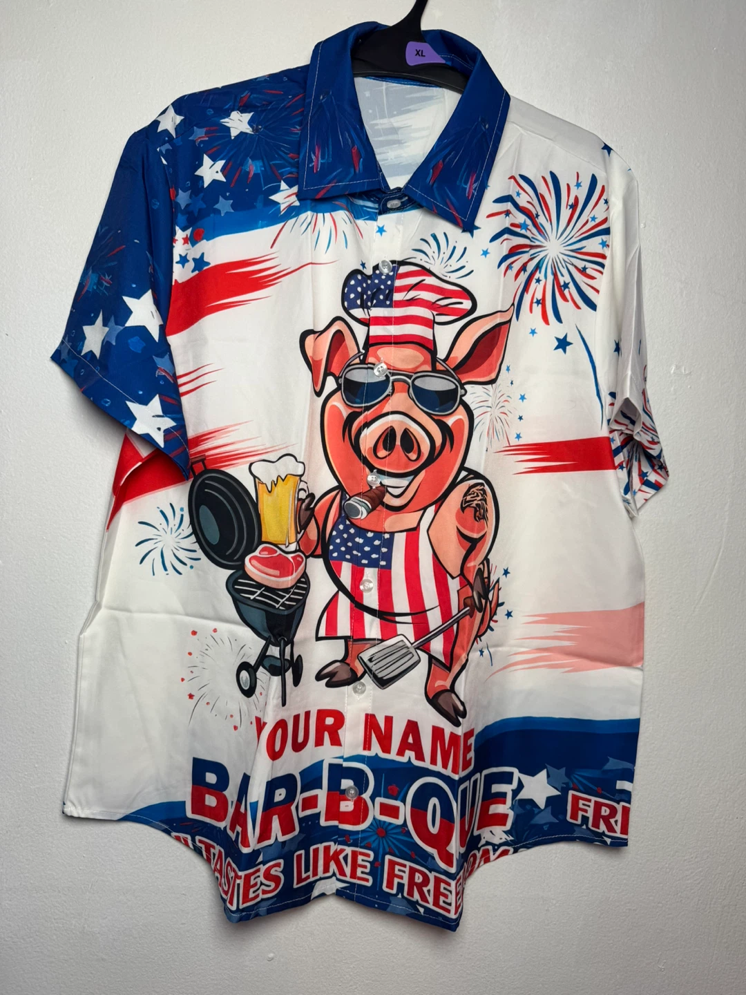 Men's XL Hawaiian Shirt - BBQ Pig & Fireworks Design