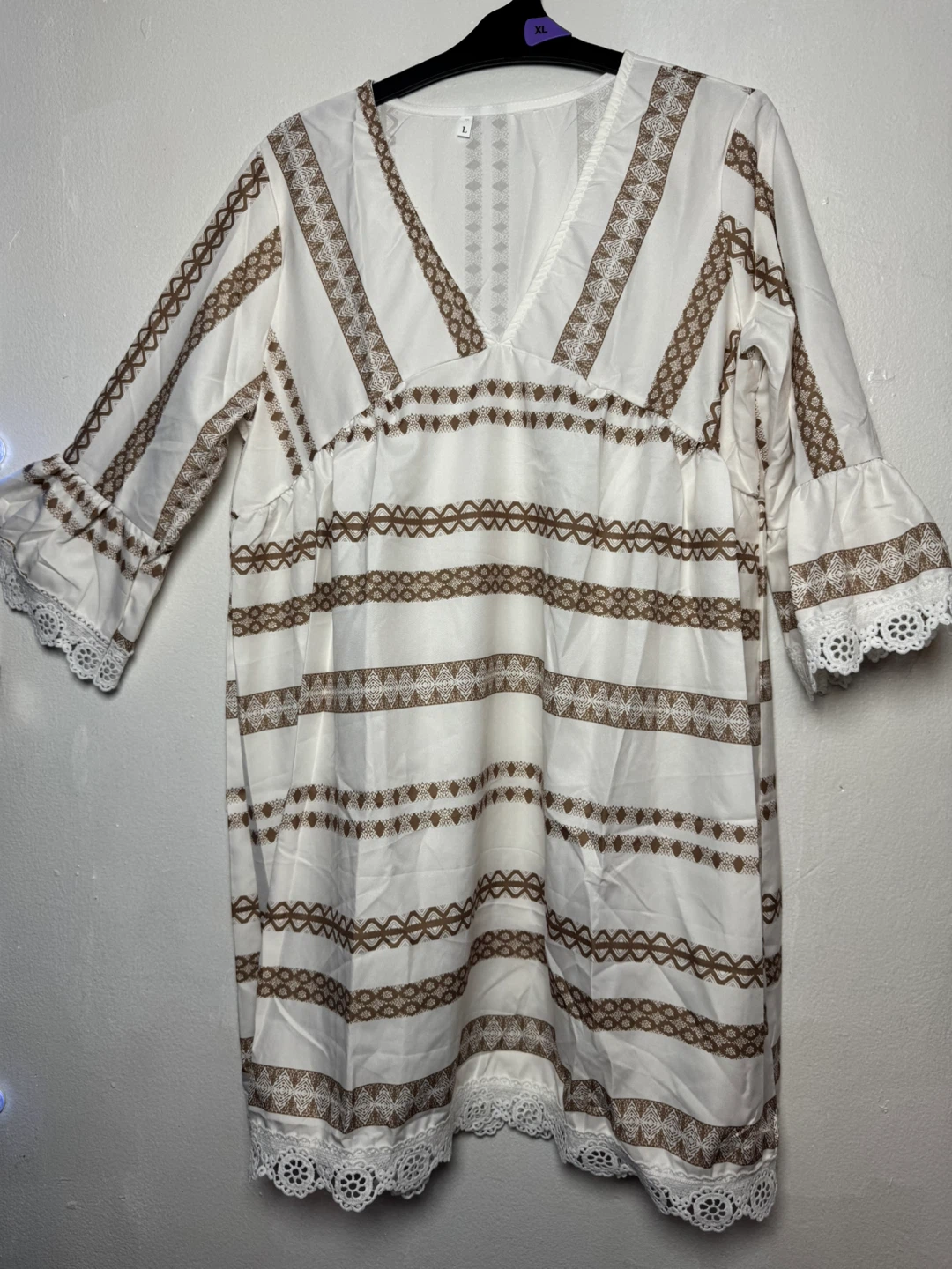 White and Brown Patterned Dress - Size L